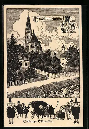 Künstler-AK Ulf Seidl: Salzburg /Mülln, Kirche, Salzburger Stierwäsche