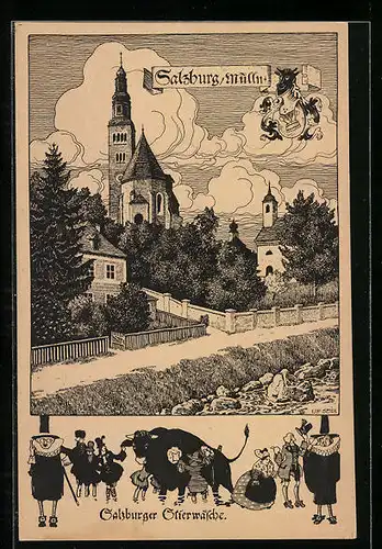 Künstler-AK Ulf Seidl: Salzburg /Mülln, Kirche, Salzburger Stierwäsche