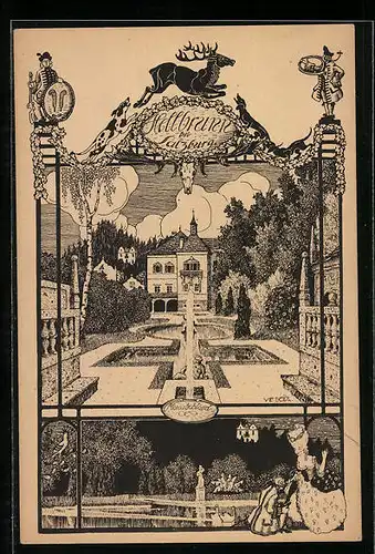 Künstler-AK Ulf Seidl: Hellbrunn bei Salzburg, Monatschlössel, Uferpartie