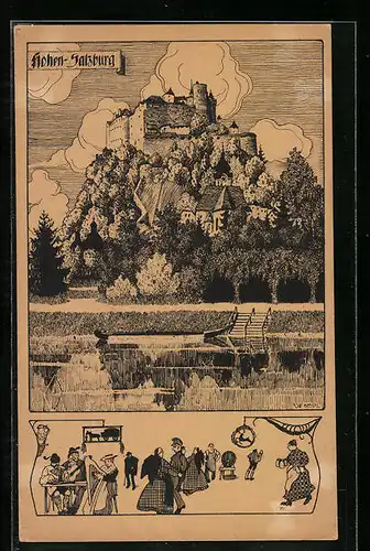 Künstler-AK Ulf Seidl: Hohen-Salzburg, Blick zur Burg