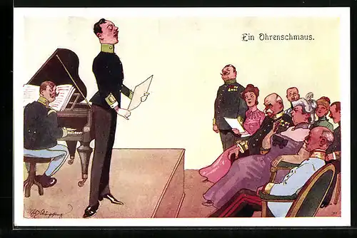Künstler-AK Fritz Schönpflug: Ein Ohrenschmaus, Soldat singt auf der Bühne