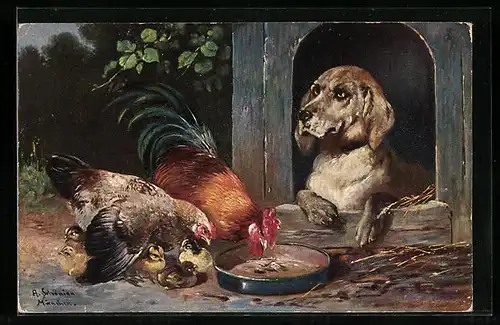Künstler-AK Alfred Schönian: Hühner und Hund an der Hundehütte