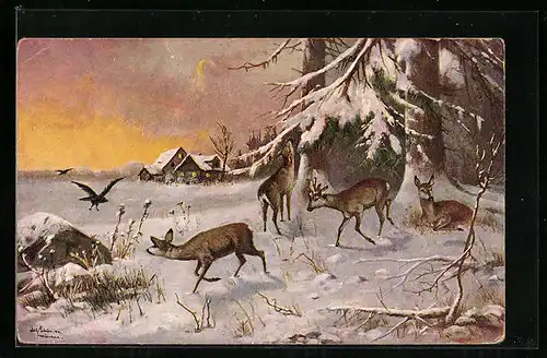 Künstler-AK Alfred Schönian: Rehbock und Rehe an Waldstück im Schnee