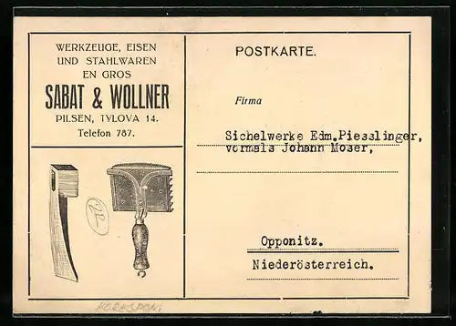 Künstler-AK Pilsen, Sabat & Wollner, Werkzeuge, Eisen und Stahlwaren, Tylova 14