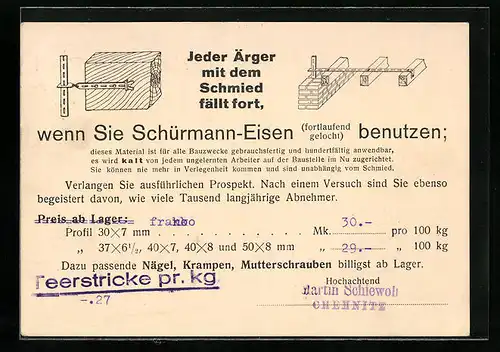 AK Jeder Ärger mit dem Schmied..., Reklame für Schürmann-Eisen