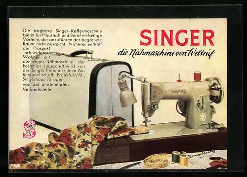 AK Frankfurt /Main, Singer Nähmaschinen AG, Singerhaus 90, Nähmaschine mit Garn und Massband, Reklame
