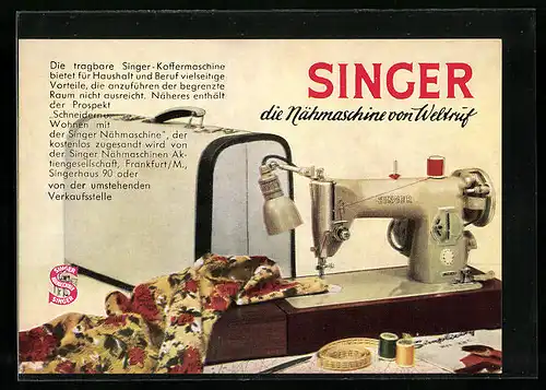 AK Frankfurt /Main, Singer Nähmaschinen AG, Singerhaus 90, Die tragbare Singer-Nähmaschine..., Reklame
