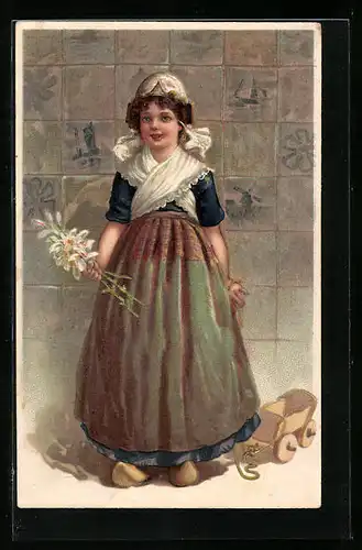 Präge-AK Kleines Mädchen in niederländischer Tracht mit Spielzeugwagen