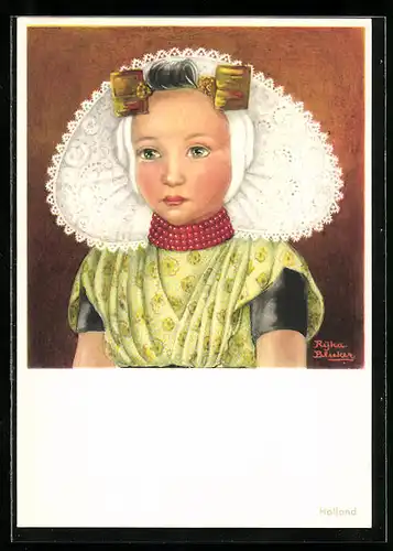 AK Kleines Mädchen in niederländischer Tracht mit Spitzenhaube