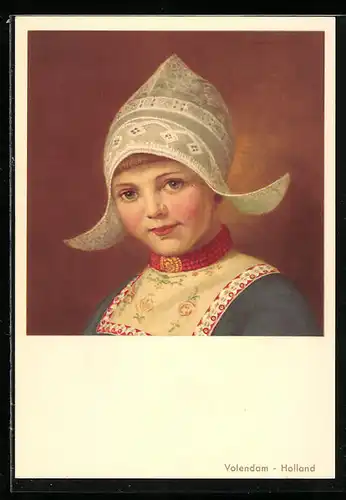AK Volendam, Mädchen in Tracht mit gestärkter weisser Spitzenhaube