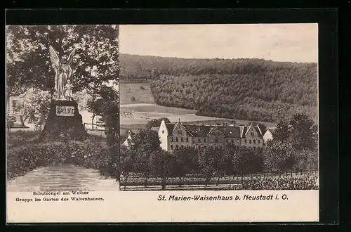 AK Neustadt i. O., St. Marien-Waisenhaus, Schutzengel am Weiher, Gruppe im Garten des Waisenhauses