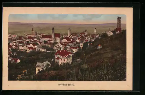 AK Ravensburg, Stadt von einer Anhöhe betrachtet