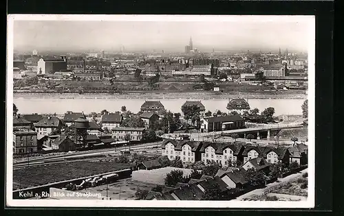 AK Kehl am Rhein, Blick über die Bahngleisen und den Fluss auf Strassburg