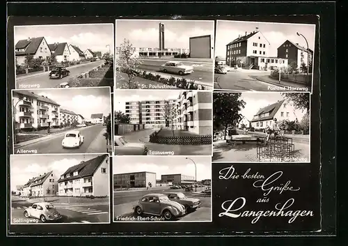 AK Langenhagen, St. Pauluskirche, Friedrich-Ebert-Schule, Postamt Harzweg