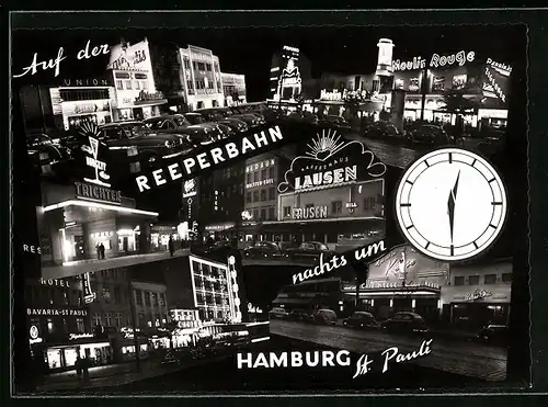 AK Hamburg-St. Pauli, Strasse Reeperbahn mit Cafe Lausen, Hotel Bavaria und Cafe Keese bei Nacht