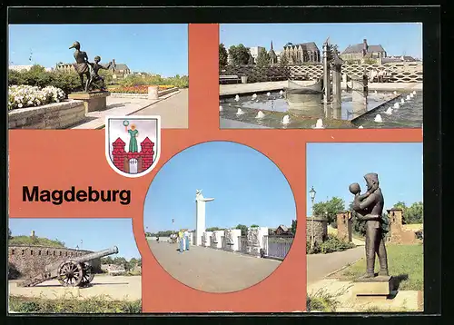 AK Magdeburg, Promenade der Völkerfreundschaft mit Denkmal, Kanone und Brunnen