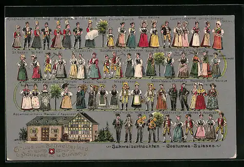 Präge-AK Schweizertrachten aus Zürich Bern und Appenzell