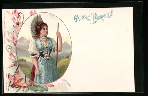 Lithographie Frau aus den Bergen in Tracht