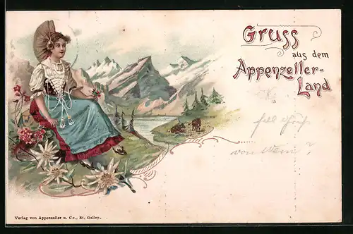 Lithographie Dame aus dem Appenzeller-Land in Tracht
