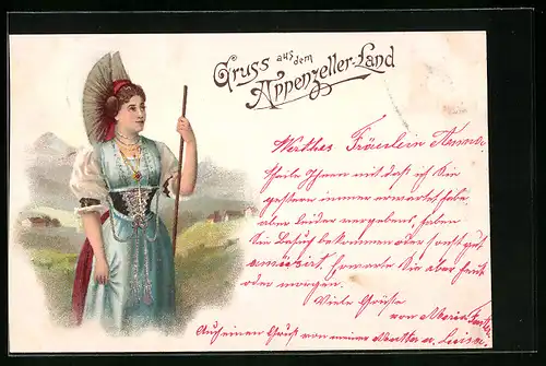 Lithographie Hübsche Frau aus Appenzeller-Land in Tracht