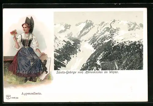 Präge-Lithographie Appenzellerin in Tracht, Säntis-Gebirge vom Hohenkasten im Winter