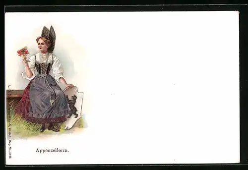 Präge-Lithographie Appenzellerin in Tracht