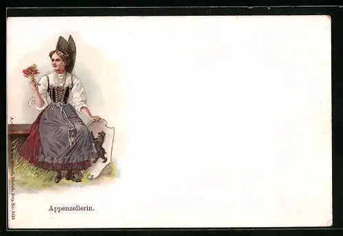 Präge-Lithographie Appenzellerin mit Blumen in Tracht