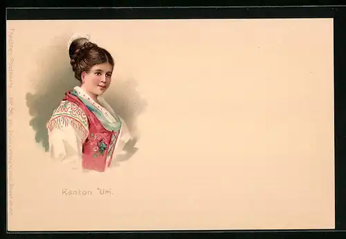 Lithographie Frau aus dem Kanton Uri in Tracht