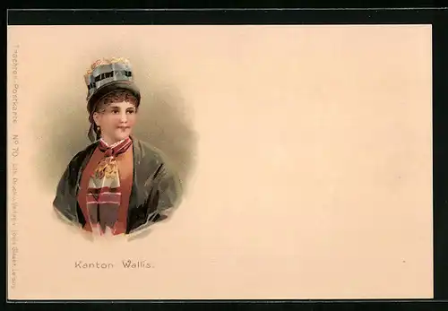 Lithographie Frau aus dem Kanton Wallis in Tracht