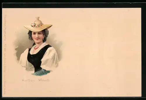 Lithographie Frau aus dem Kanton Waadt in Tracht