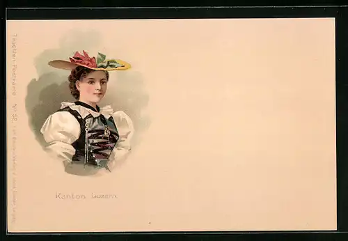 Lithographie Frau aus dem Kanton Luzern in Tracht
