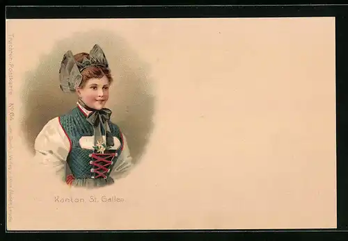 Lithographie Frau aus dem Kanton St. Gallen in Tracht