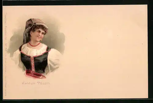 Lithographie Frau aus dem Kanton Tessin in Tracht