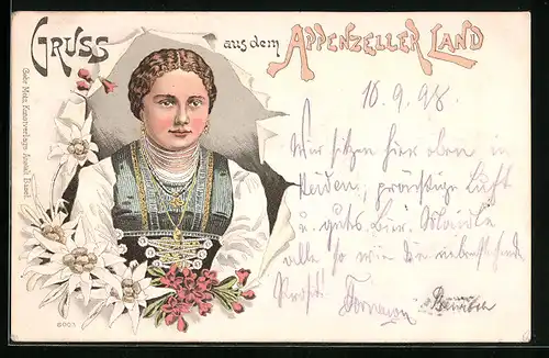 Lithographie Frau aus dem Appenzeller Land in Tracht