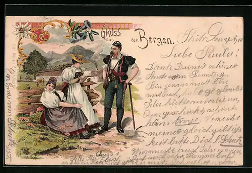 Lithographie Mann und Frauen aus den Bergen in Trachten