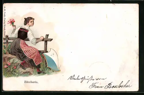 Lithographie Zürcherin in Tracht