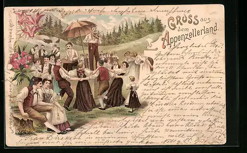 Lithographie Gruppe in Trachten, Alpstubete, Appenzellerland