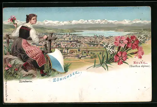 Lithographie Züricherin in Tracht, Zürichsee, Nelken