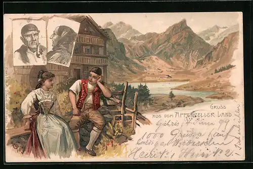 Lithographie Paar aus dem Appenzeller Land in Trachten