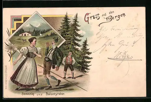 Lithographie Sennrin und Salontyroler in Trachten