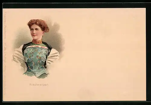 Lithographie Frau aus dem Niedwalden in Tracht