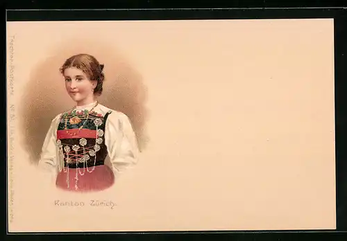 Lithographie Frau aus dem Kanton Zürich in Tracht