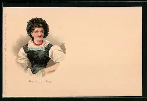 Lithographie Frau aus dem Kanton Zug in Tracht
