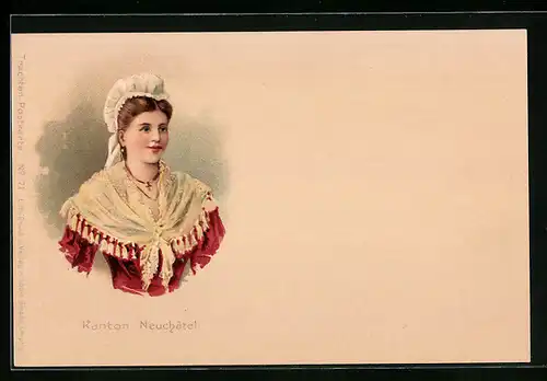 Lithographie Frau aus dem Kanton Neuchatel in Tracht
