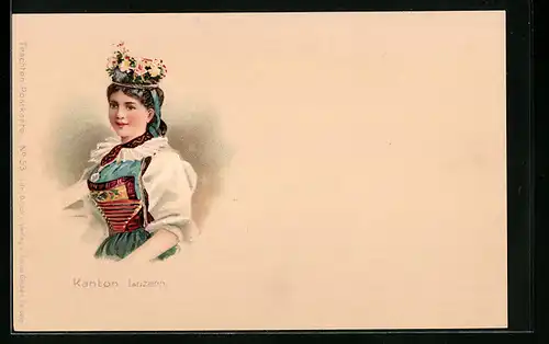 Lithographie Frau aus dem Kanton Luzern in Tracht