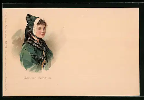 Lithographie Frau aus dem Kanton Glarus in Tracht