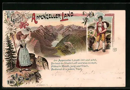 Lithographie Mann und Frau aus dem Appenzeller Land in Trachten