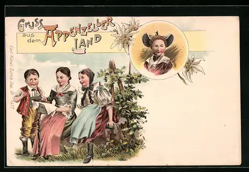 Lithographie Kinder aus dem Appenzeller Land in Trachten