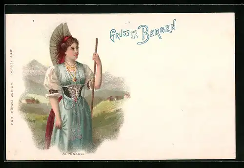 Lithographie Frau aus Appenzell in Tracht