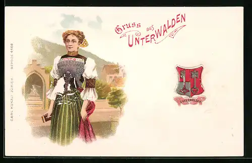 Lithographie Frau aus Unterwalden in Tracht, Wappen